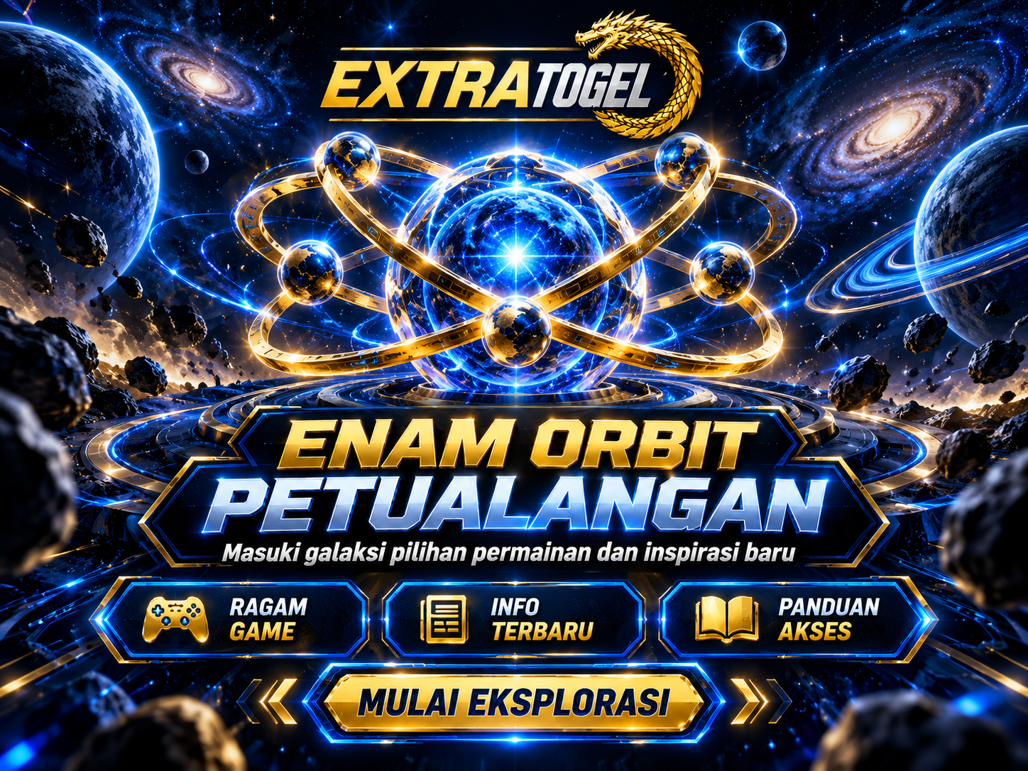 Banner EXTRATOGEL dengan enam cincin orbit emas mengelilingi inti energi biru di angkasa